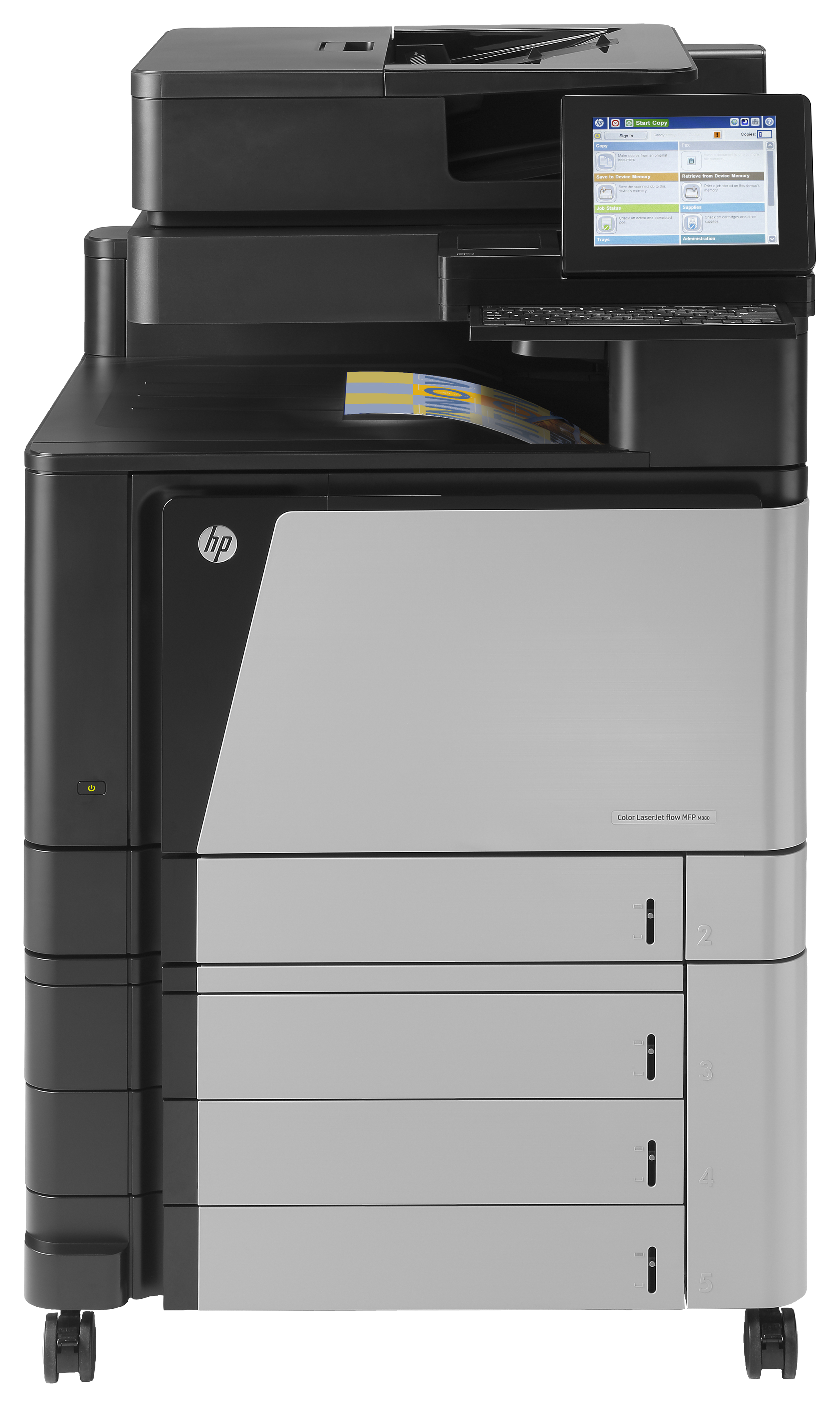 Ein schwarzer und grauer HP Color LaserJet Flow MFP M880 Drucker mit Touchscreen und Tastatur.