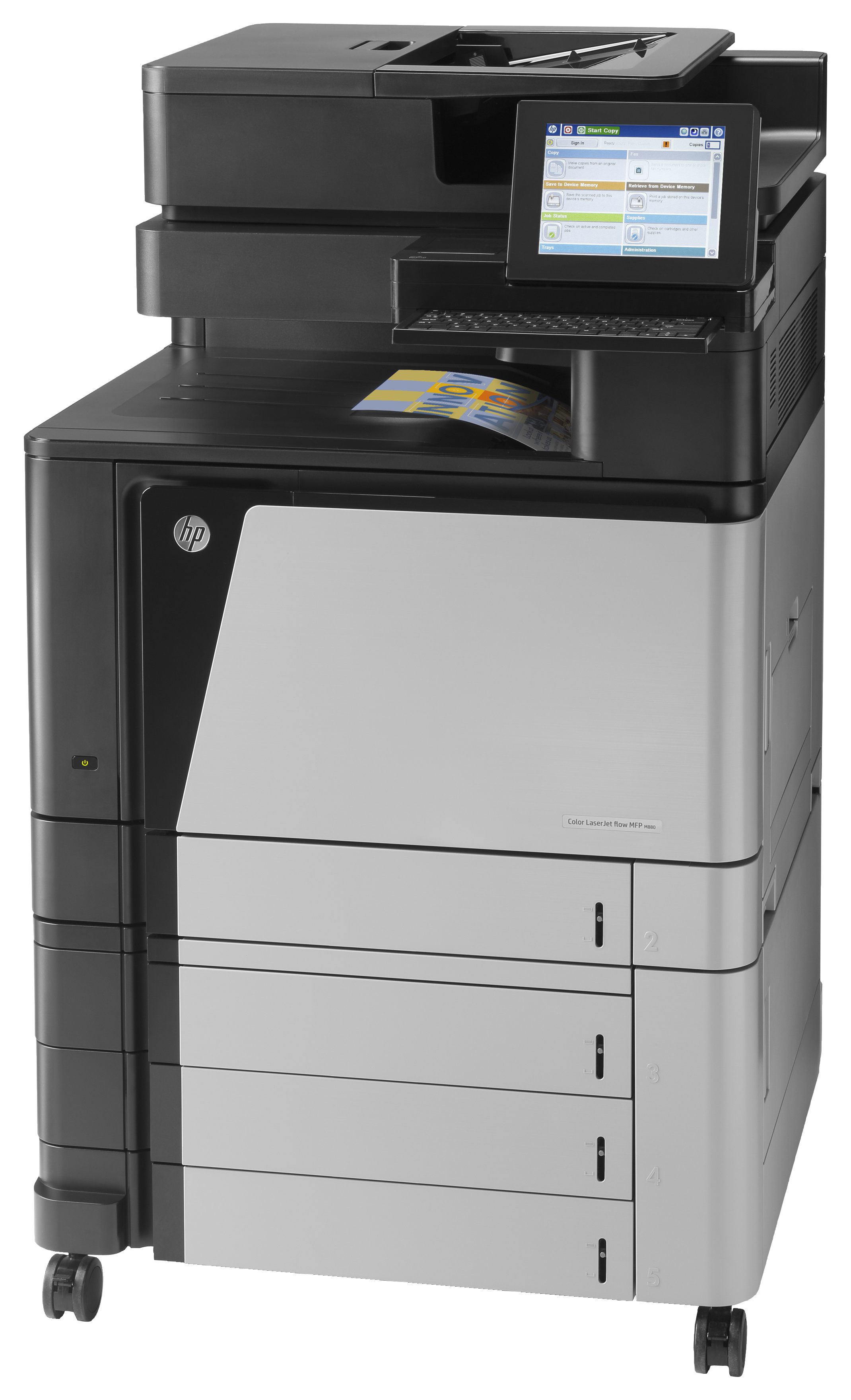 Ein schwarzer und silberner HP Color LaserJet Flow MFP M880 Drucker mit Touchscreen.