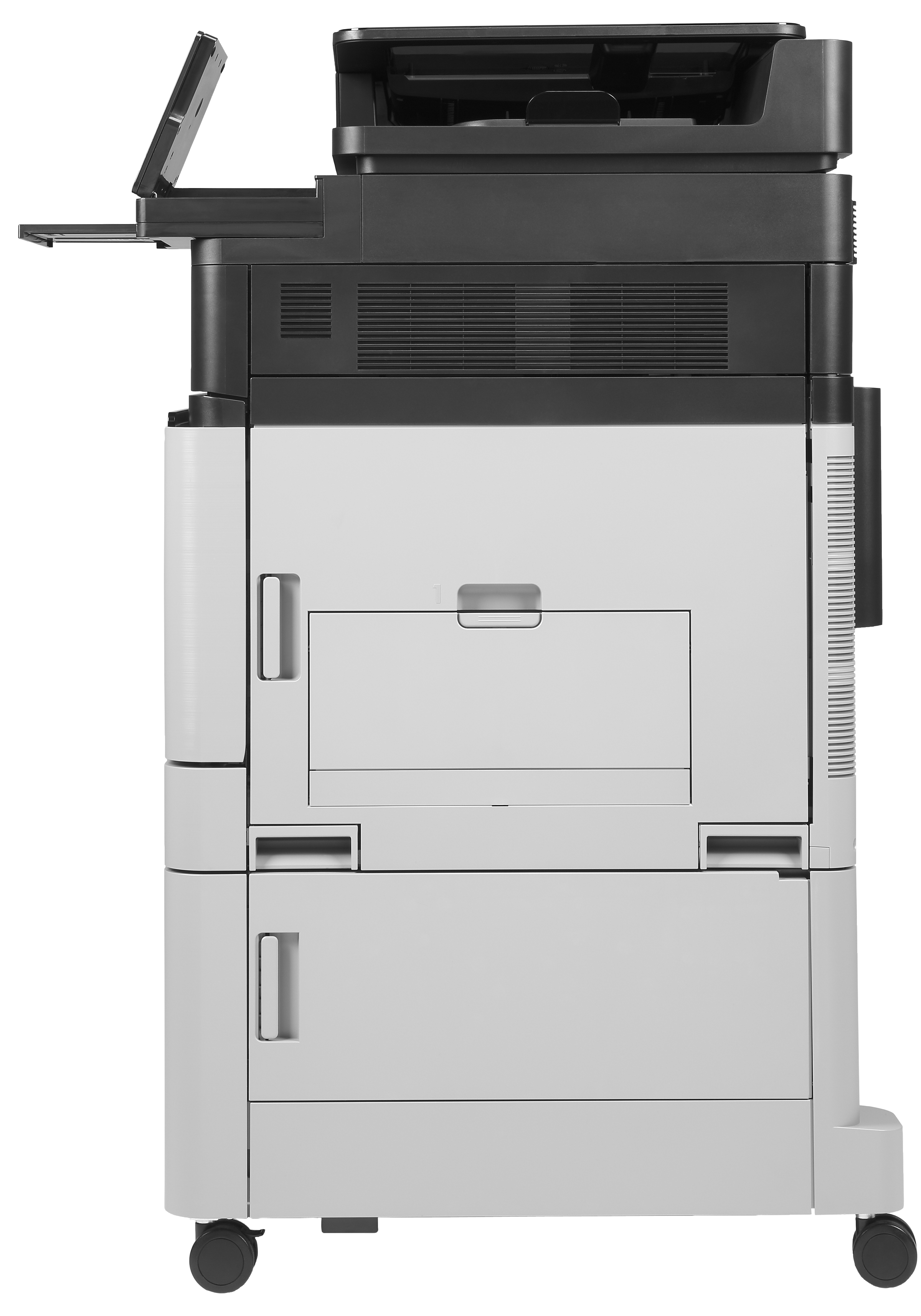 Ein heller Multifunktionsdrucker mit schwarzem Deckel und Papierfach.