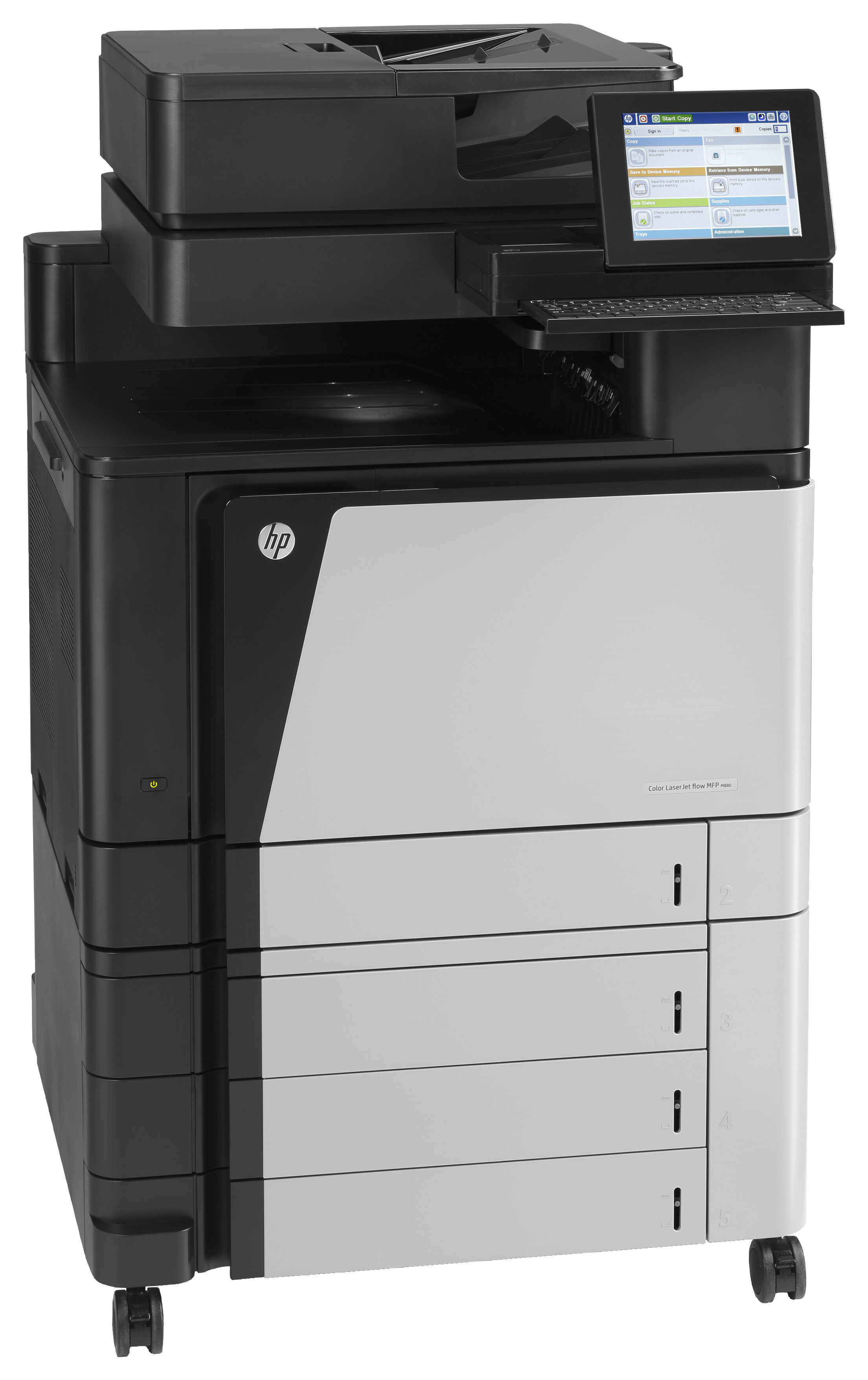 Ein schwarzer und weißer HP Color LaserJet MFP Drucker mit Touchscreen und Tastatur.