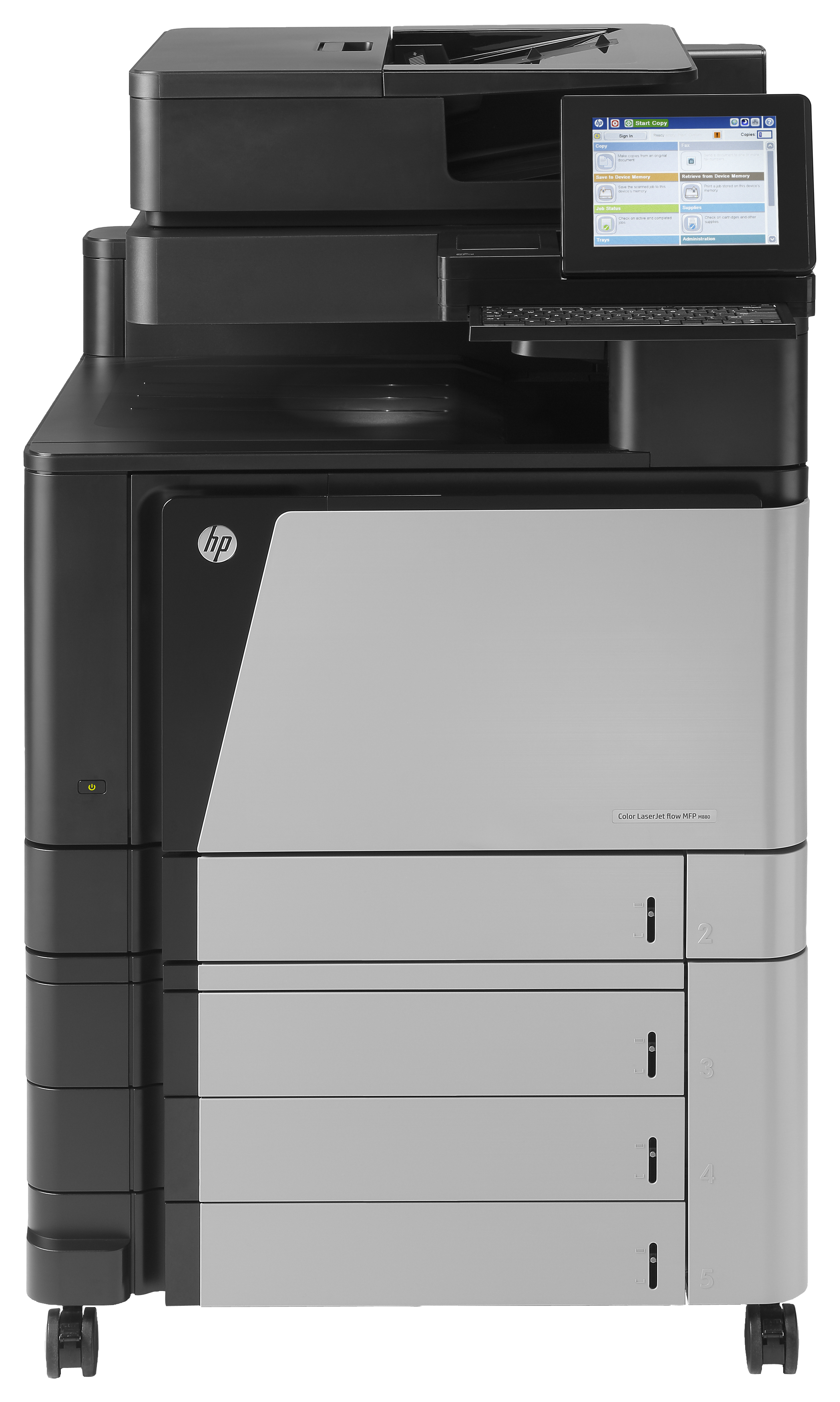 Ein schwarzer HP Color LaserJet Flow MFP M880 Drucker mit Touchscreen-Bedienfeld.
