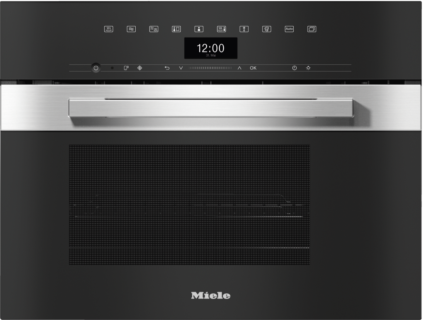 Moderner Miele-Ofen mit Touchscreen, silbernem Griff und schwarzer Tür.