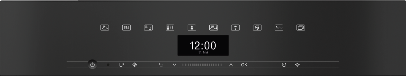 Ein digitaler Ofen mit Symbolen für Heizmodi, Uhrzeit und Bedienknöpfen.