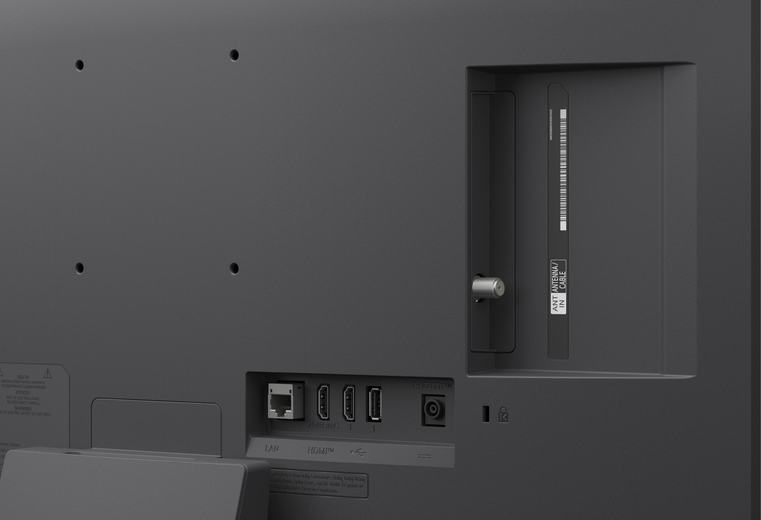 Rückseite eines Fernsehers mit Anschlüssen: LAN, HDMI, USB und Antenne.