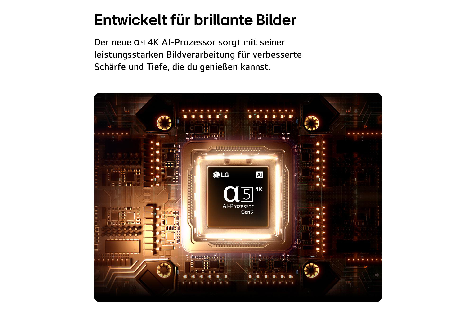 Nahaufnahme eines LG Alpha 5 AI-Prozessors mit 4K-Unterstützung auf einer Leiterplatte.