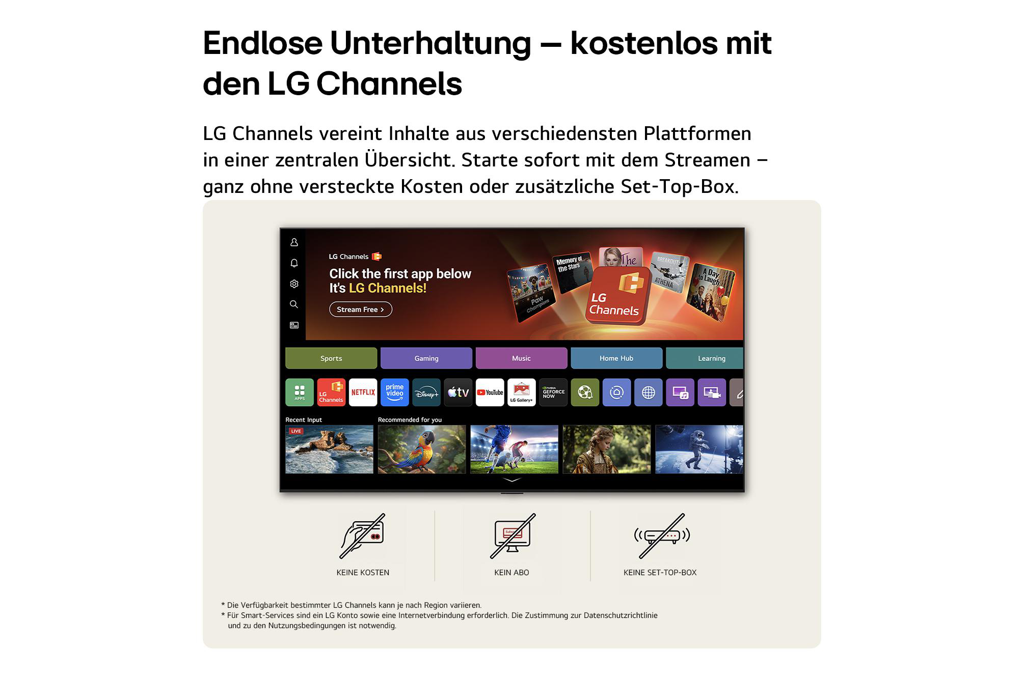 LG Channels Startbildschirm mit App-Auswahl und empfohlenen Inhalten.