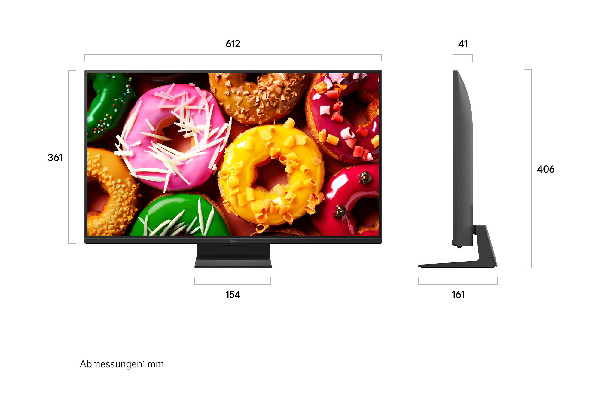 Ein Monitor mit einem bunten Donut-Bildschirm und Maßangaben in mm.