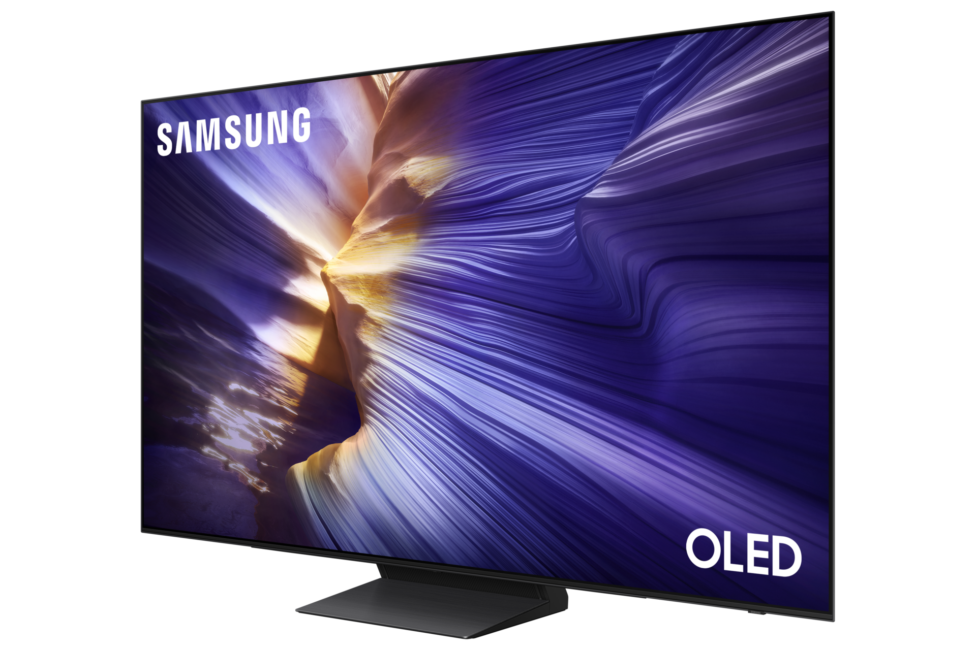 Ein Samsung OLED Fernseher mit einem abstrakten, welligen Hintergrund in Lila und Gelb.