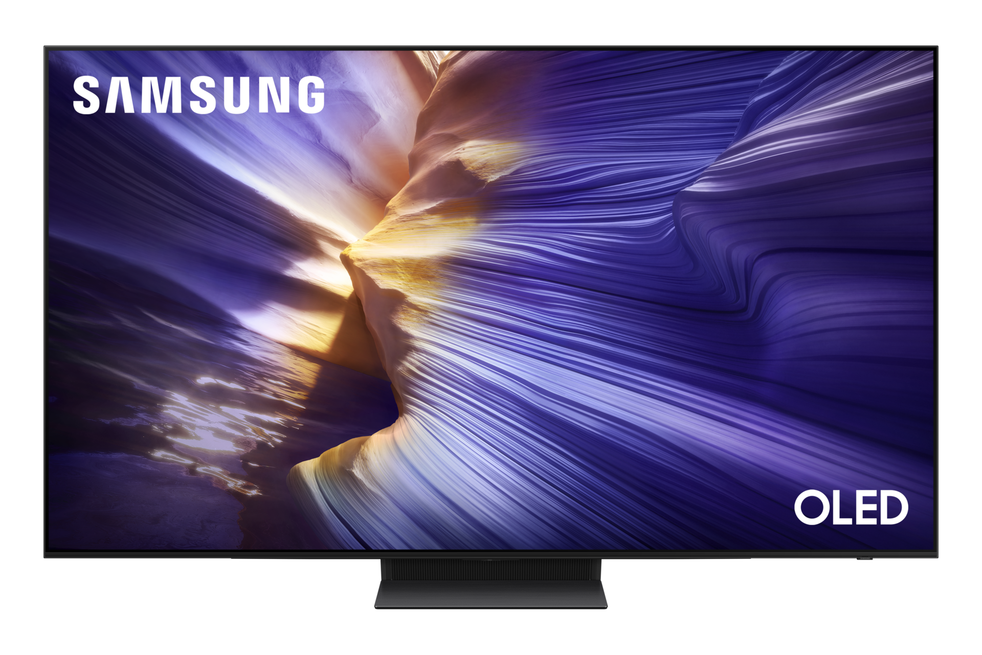 Samsung OLED TV mit abstrakter, welliger Landschaft in Lila und Gelb.