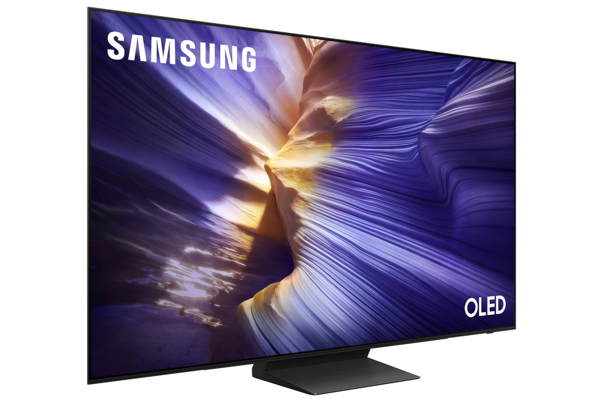 Ein Samsung OLED-Fernseher mit einem abstrakten Hintergrund in Lila- und Gelbtönen.