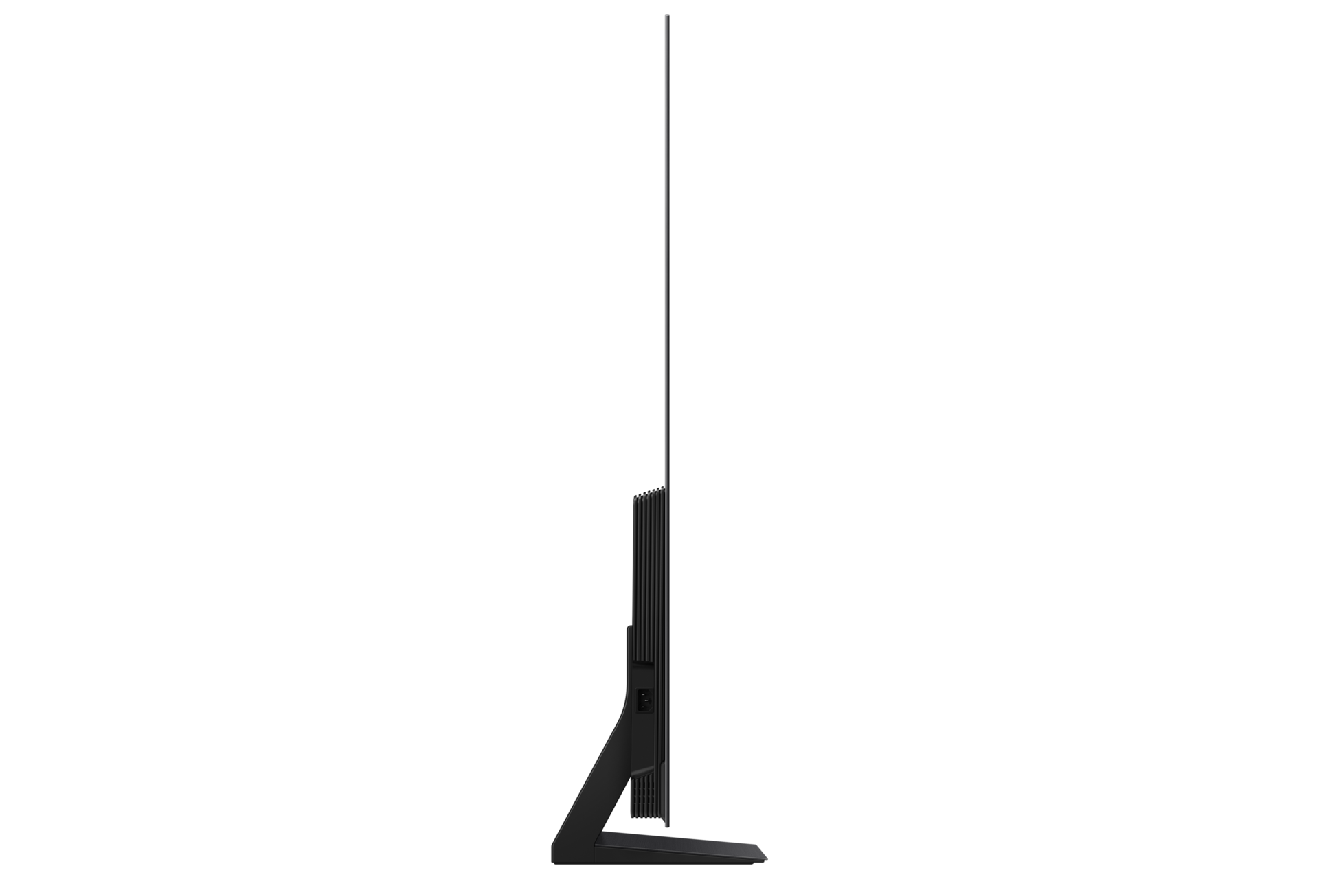 Schwarzer Fernseher auf schwarzem Hintergrund, Seitenansicht mit Standfuß.