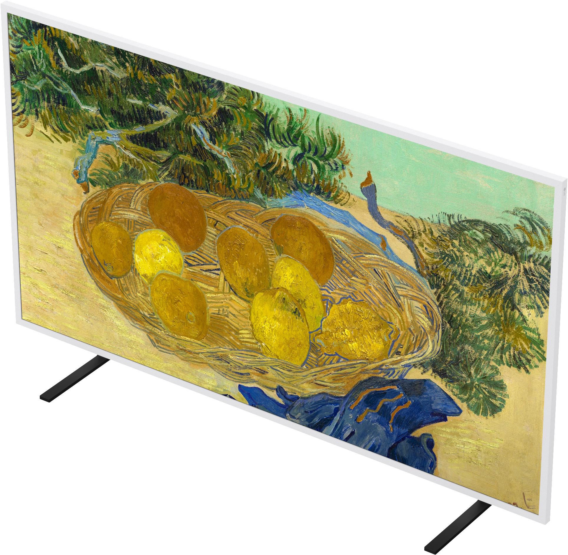 Ein Gemälde von Van Gogh mit gelben Früchten in einem Korb unter grünen Zweigen.