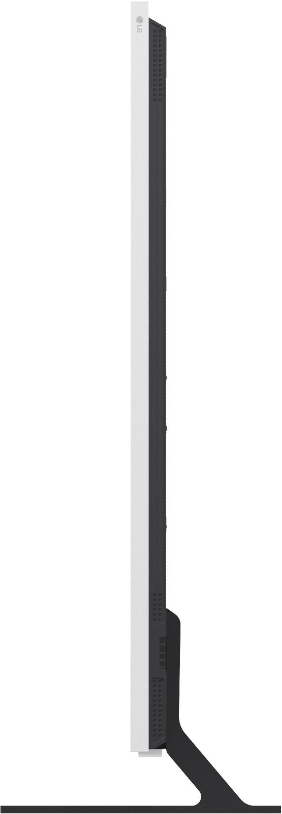 Flaches weies Fernsehgerät mit schwarzem Standfu und LG-Logo.