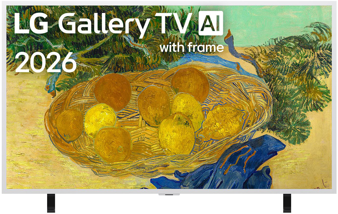 Ein LG Gallery TV zeigt Van Goghs "Korb mit Orangen" mit dem Schriftzug "2026 mit Rahmen".