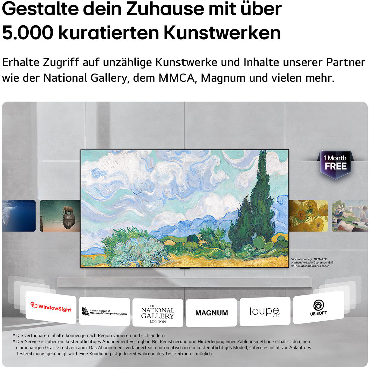 Ein Fernseher zeigt Kunstwerke von Van Gogh, inklusive 1 Monat gratis.