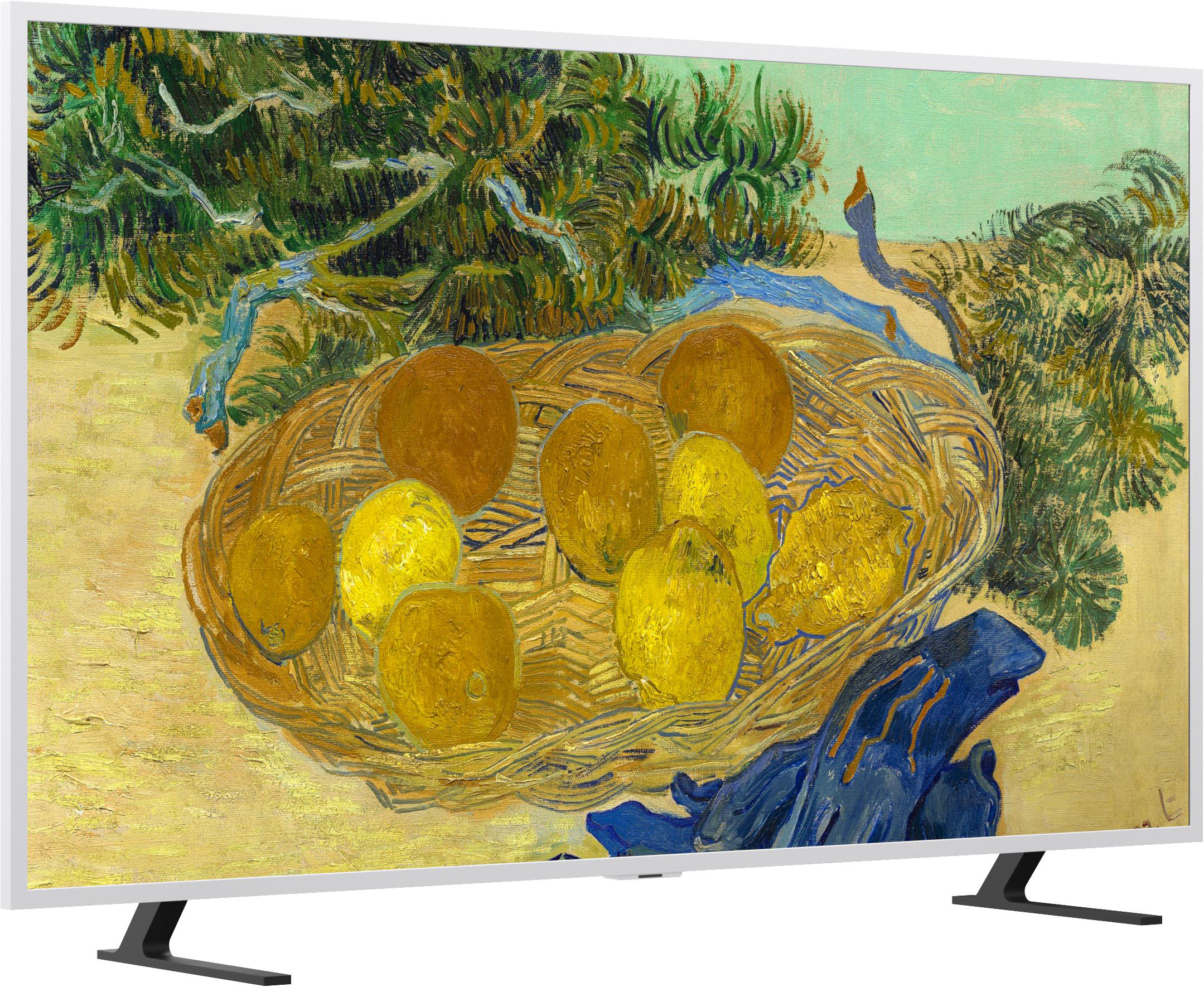 Gemälde von Früchten in einem Korb unter einem Baum, auf einem Fernseher dargestellt.