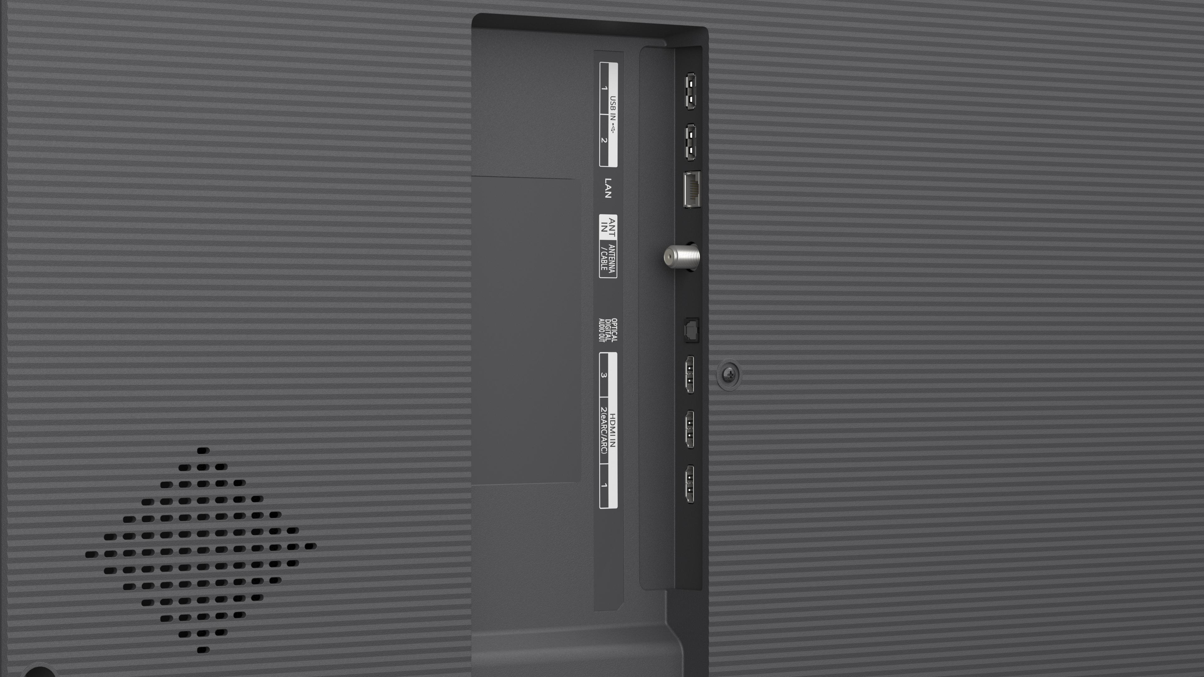 Rückseite eines Fernsehers mit Anschlüssen wie USB, LAN, Antenne und HDMI.
