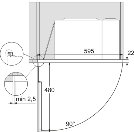 Technische Zeichnung mit Maßen für Einbau, zeigt 595mm Breite und 480mm Höhe.