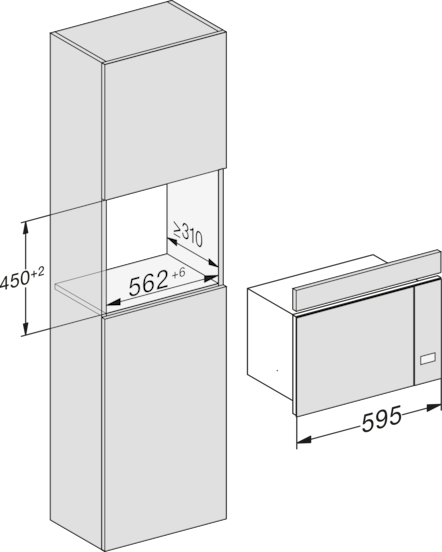 Technische Zeichnung eines Einbaugeräts mit Maßen und Ausschnittdetails.
