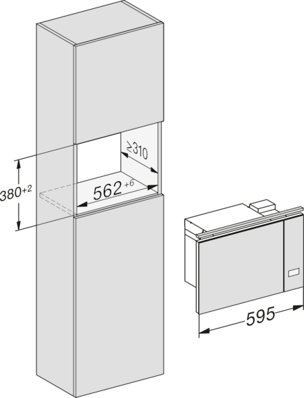 Einbauküchenschrank mit Einbaumaßen und daneben ein Einbauofen.