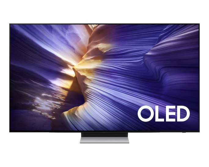 Nowoczesny telewizor OLED wyświetlający abstrakcyjny, kolorowy obraz z napisem "OLED".