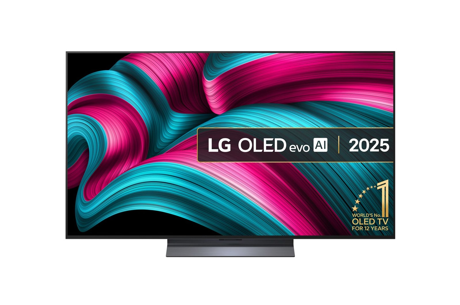 Telewizor LG OLED evo AI 2025 z abstrakcyjnym tłem różowo-turkusowym.