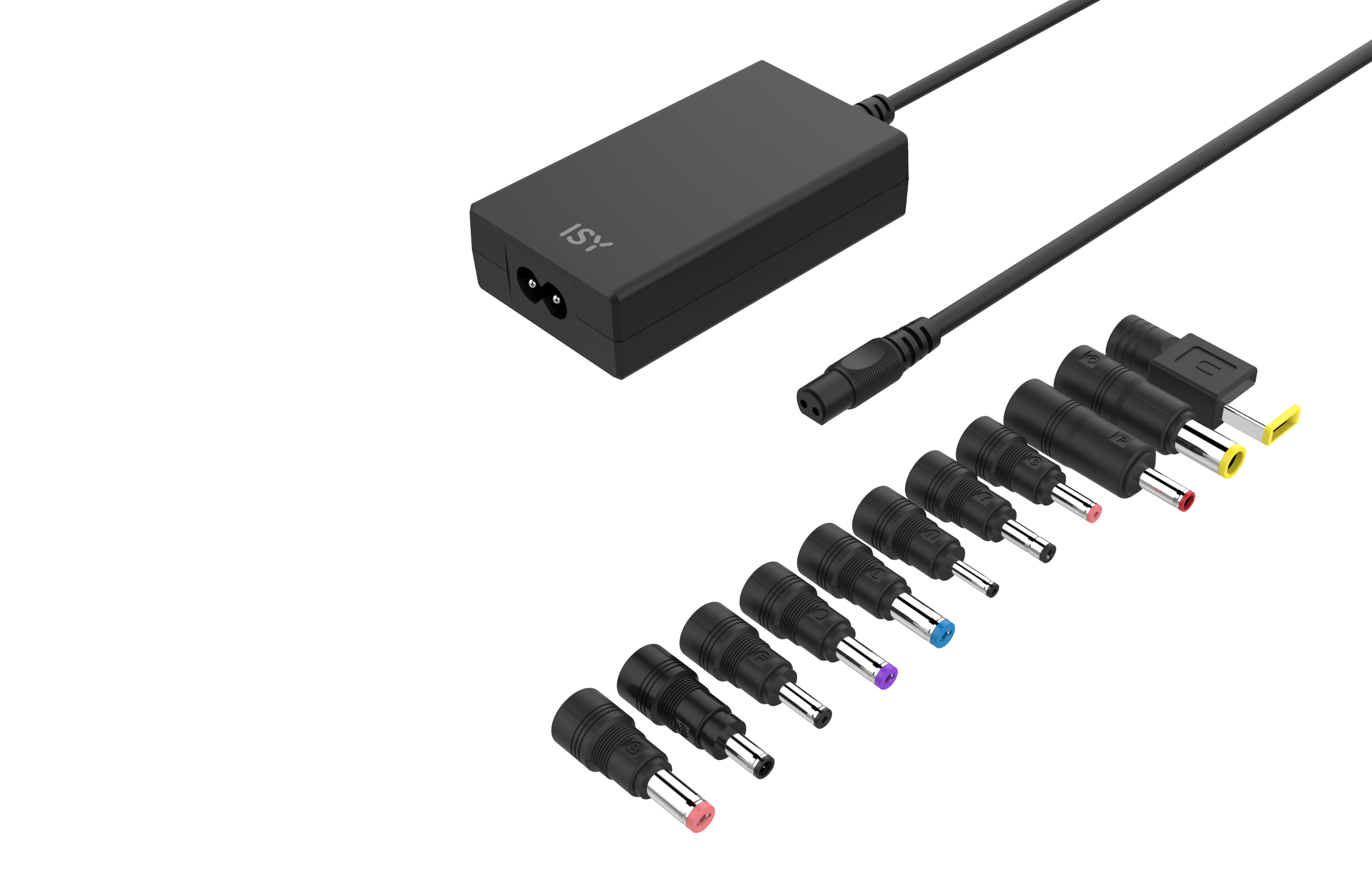 Schwarzer Netzadapter mit verschiedenen Steckern und einem USB-Adapter.