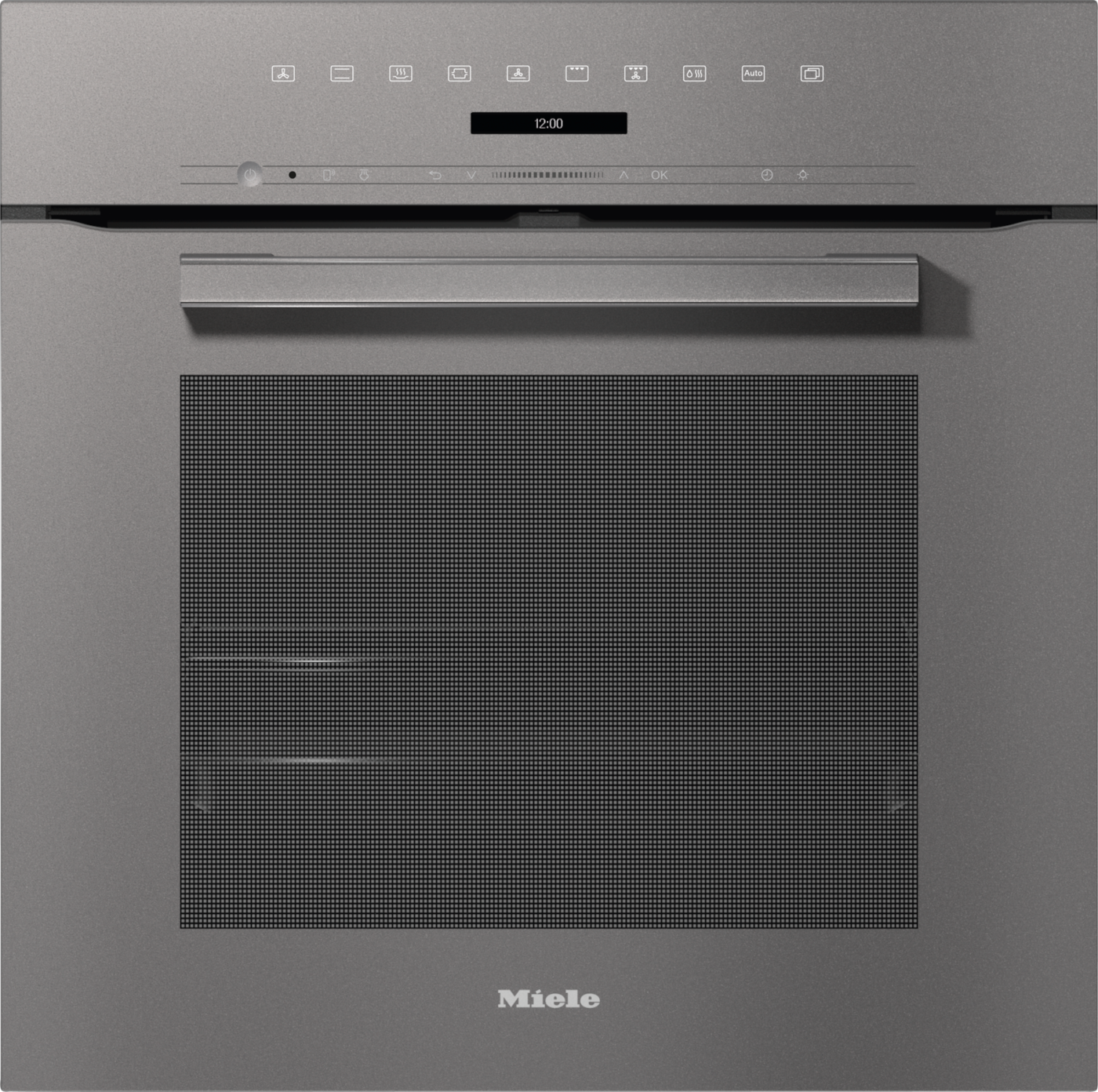 Ein grauer Miele-Ofen mit Digitalanzeige (12:00) und diversen Kontrollsymbolen.