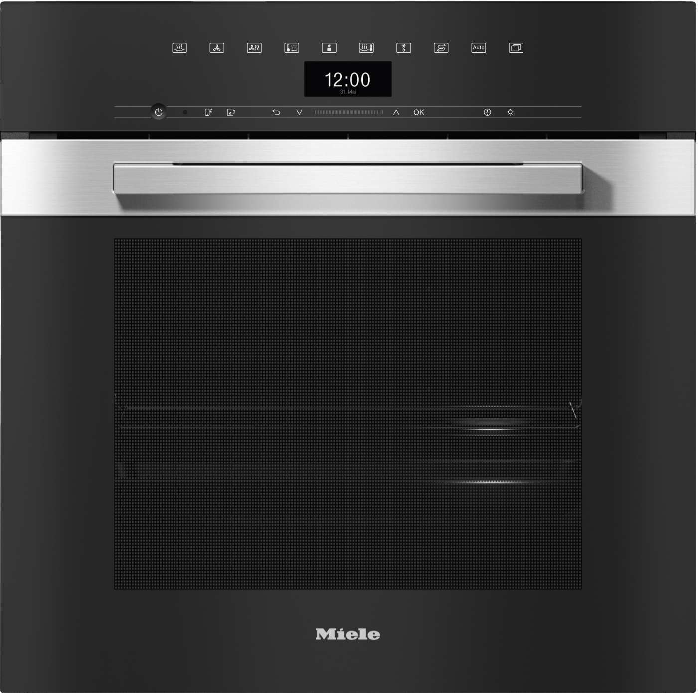 Moderner Miele Backofen mit Touchscreen und Edelstahldesign. Zeigt 12:00 Uhr an.