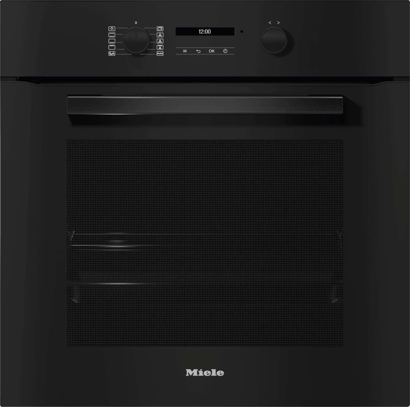 Schwarzer Miele Ofen mit digitaler Anzeige und Bedienelementen.
