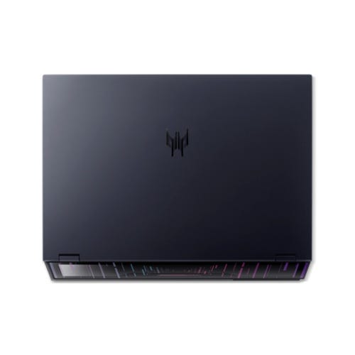 Geschlossener dunkler Laptop mit beleuchteter Tastatur und Logo.