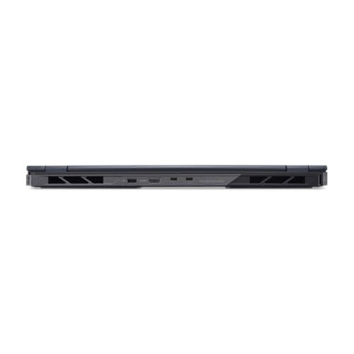 Schwarzer Laptop-Seite mit Anschlüssen und Lüftungsschlitzen.
