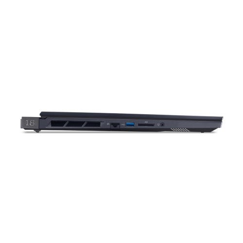 Seite eines schwarzen Laptops mit Lüftungsschlitzen und Anschlüssen.