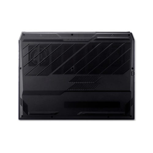 Die Unterseite eines schwarzen Laptops mit Lüftungsschlitzen und einer strukturierten Oberfläche.
