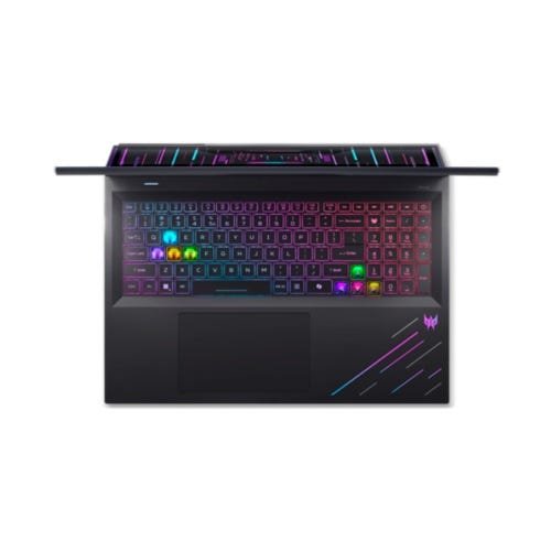Ein schwarzer Laptop mit bunter Tastaturbeleuchtung und einem Predator-Logo.