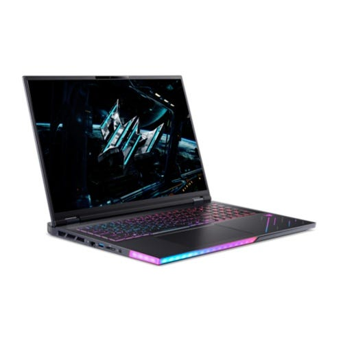 Ein geöffneter schwarzer Gaming-Laptop mit beleuchteter Tastatur und Logo auf dem Bildschirm.