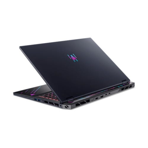 Ein geöffneter schwarzer Laptop mit beleuchteter Tastatur und Logo.