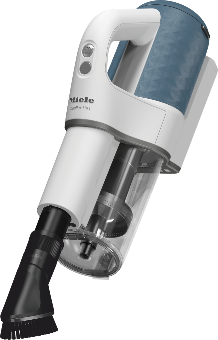 Weißer Miele Duoflex HX1 Handstaubsauger mit blauem Akku-Teil und Bürstenaufsatz.