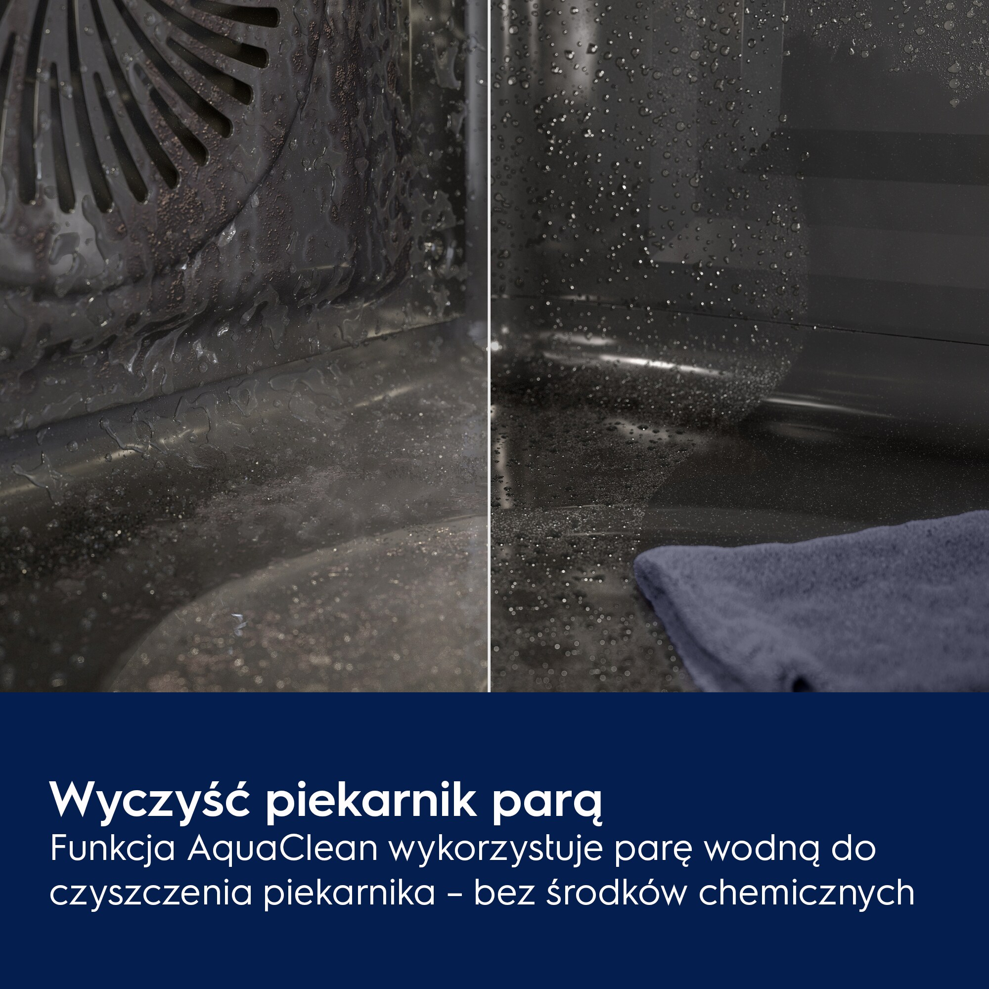 Wnętrze piekarnika z kroplami wody i niebieską ściereczką, gotowe do czyszczenia.