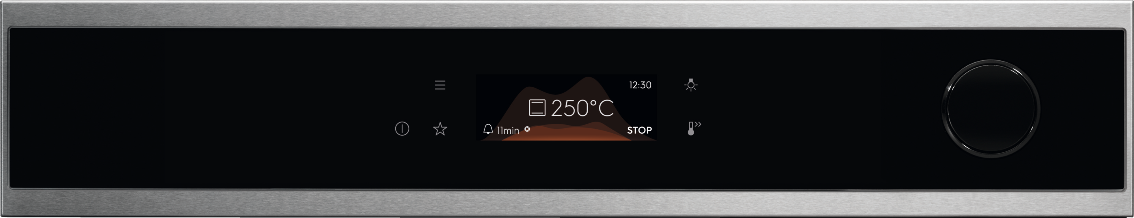 Panel ze stali nierdzewnej z czarnym ekranem dotykowym pokazującym 250°C.