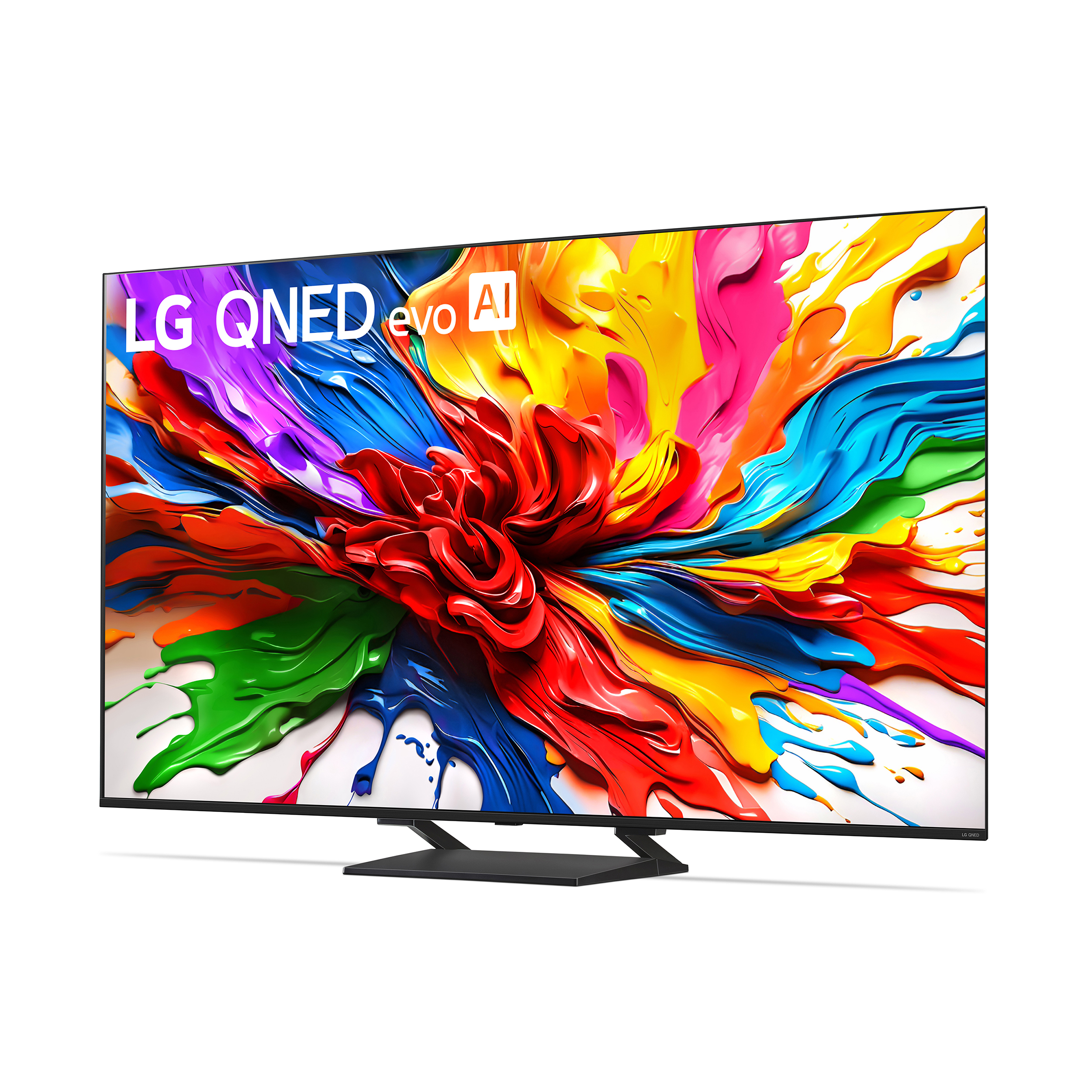 Telewizor LG QNED evo AI wyświetlający kolorowy, abstrakcyjny obraz.