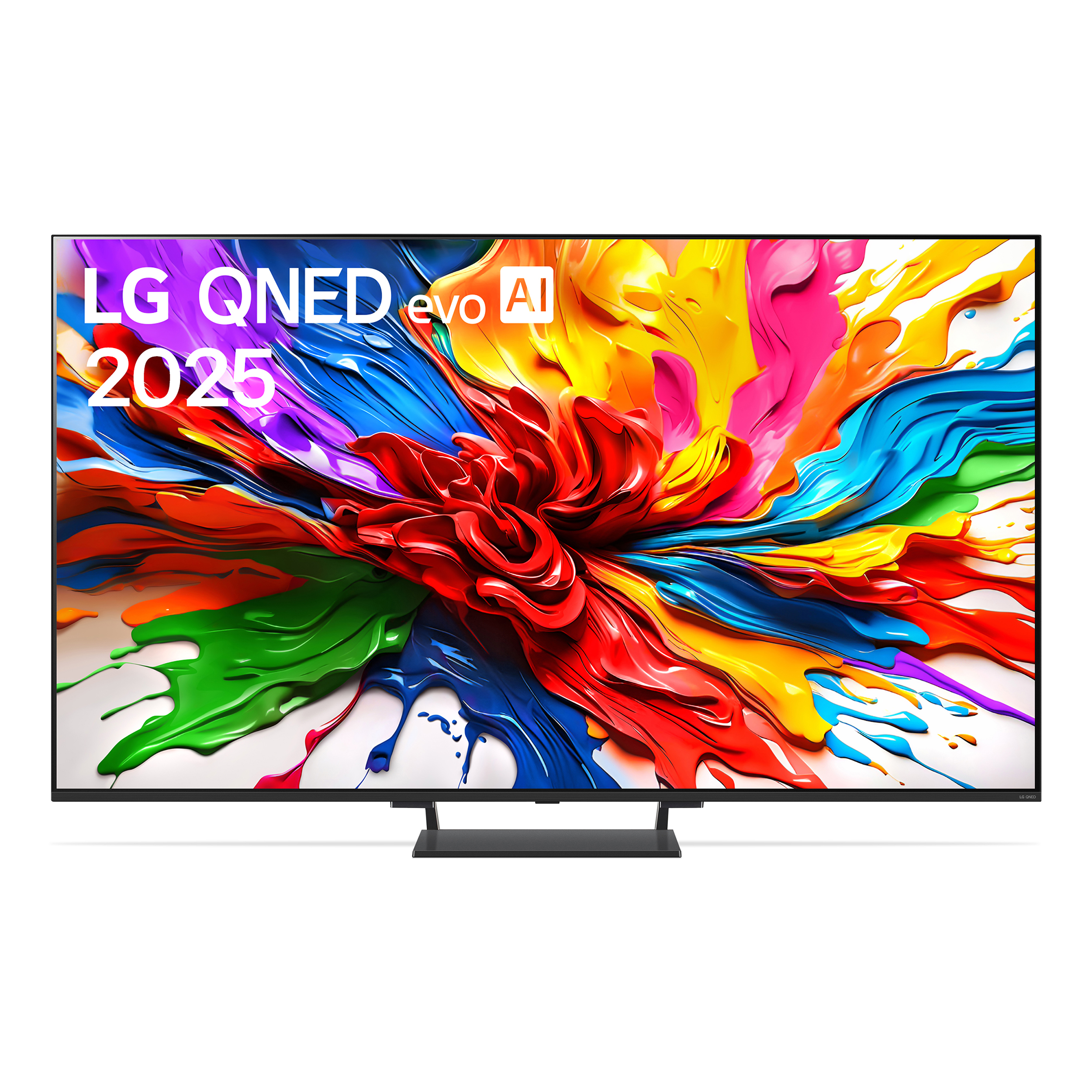 Telewizor LG QNED 2025 z żywym kolorowym wyświetlaczem i czarnym stojakiem.