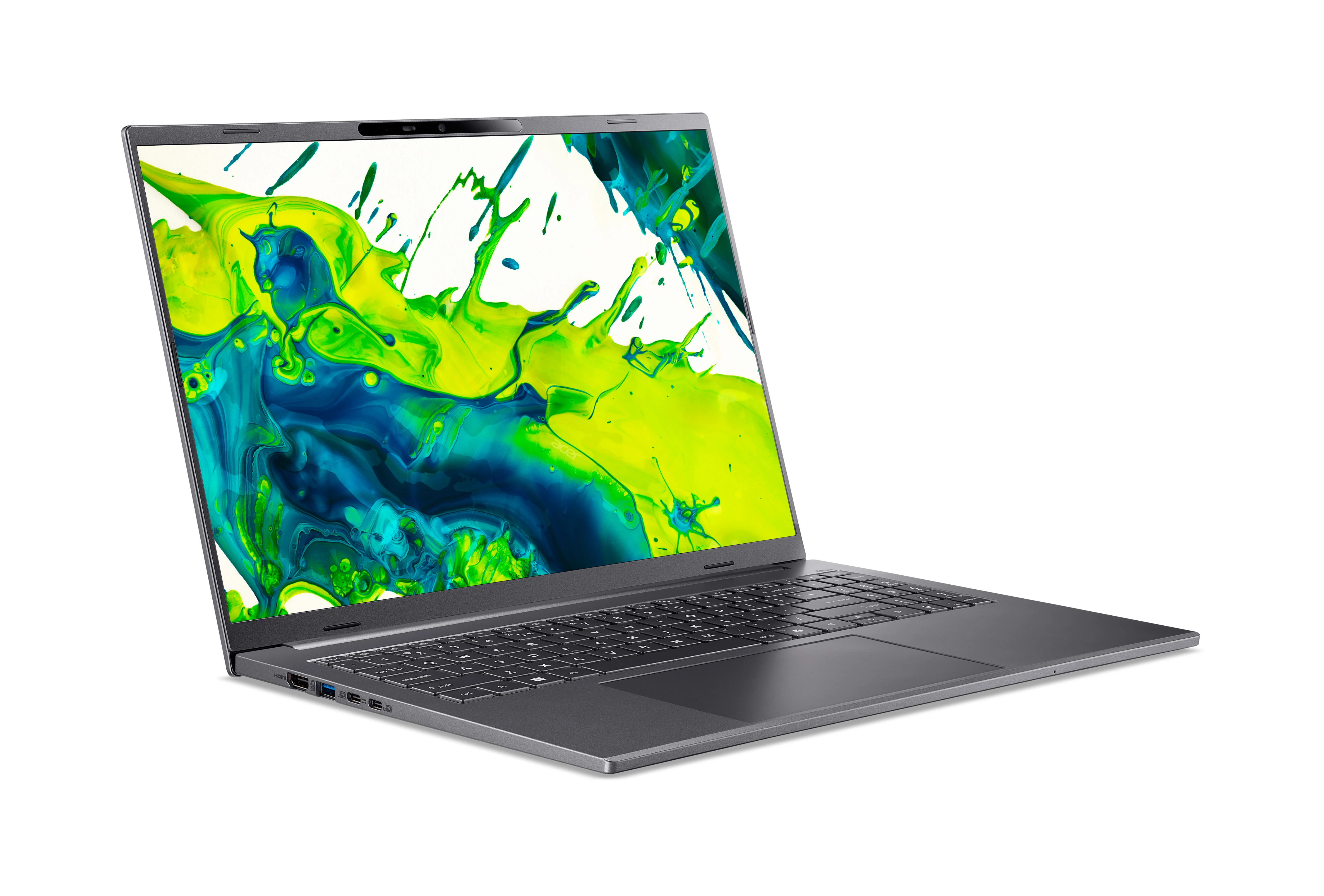 Ein graues Acer Laptop mit einem bunten Hintergrund auf dem Bildschirm.