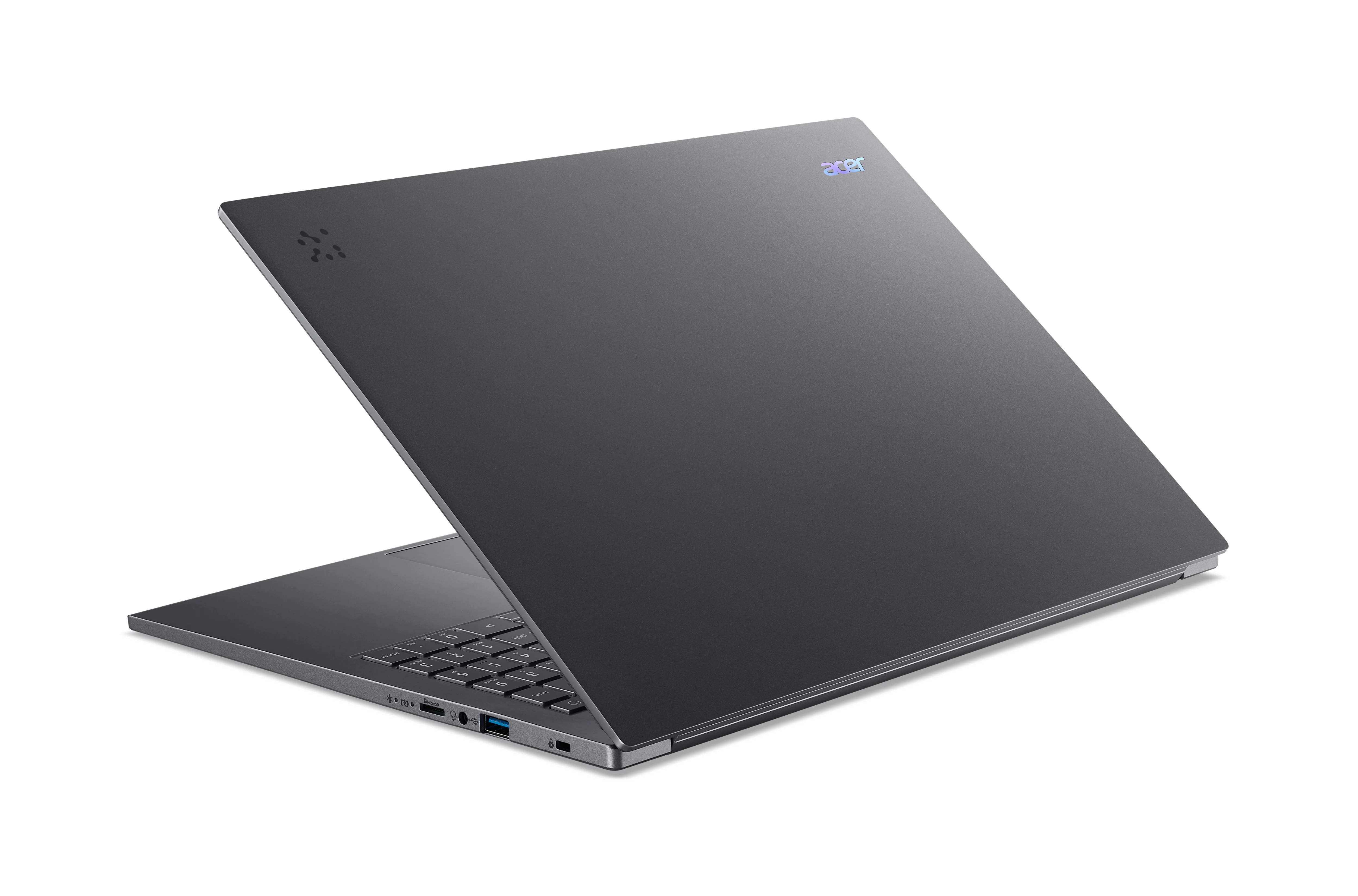 Ein graues Acer-Laptop, geöffnet und von der Seite gezeigt, mit Tastatur und Anschlüssen.