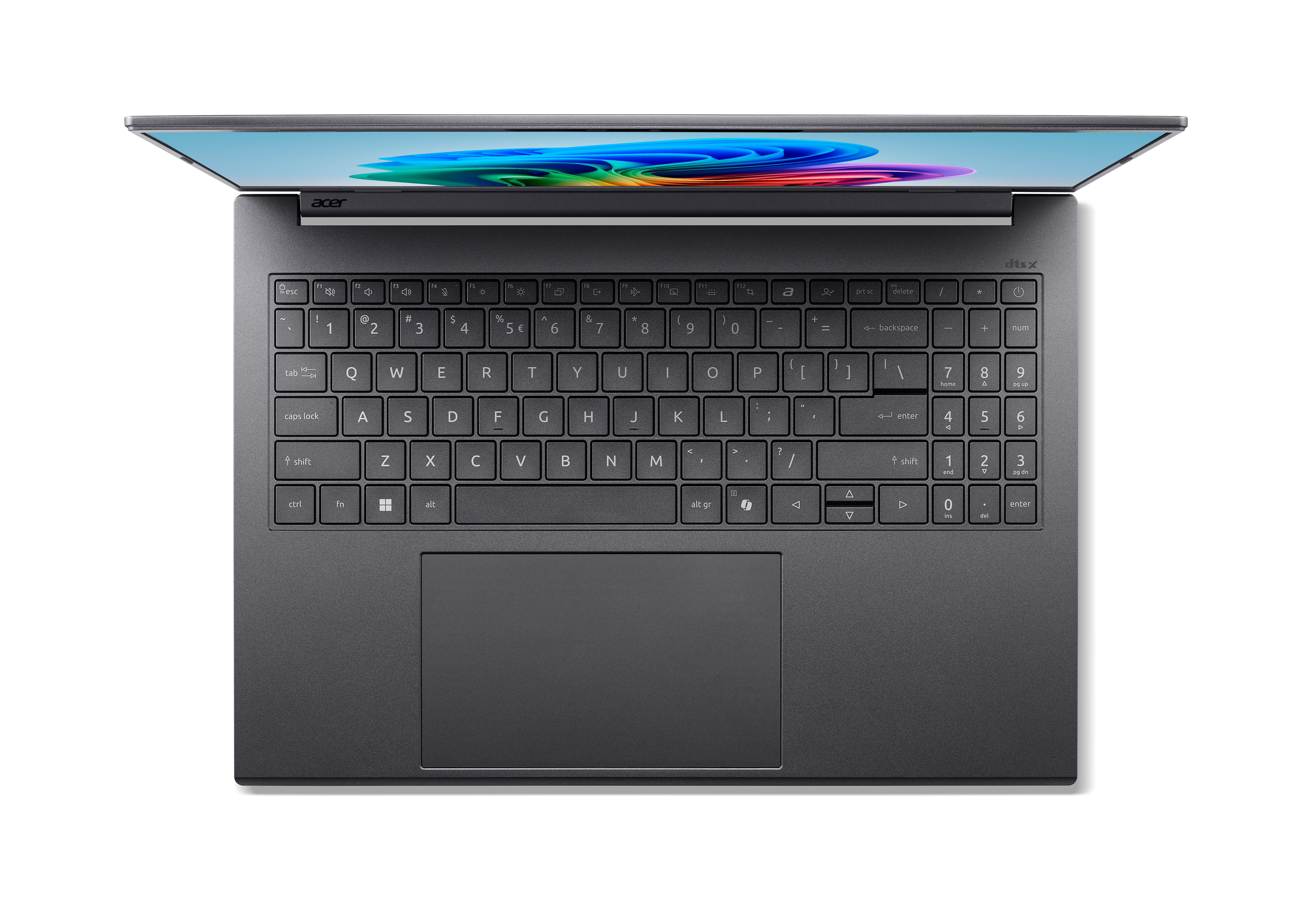 Ein dunkler Laptop mit aufgeklapptem Bildschirm, der eine helle, bunte Grafik zeigt.