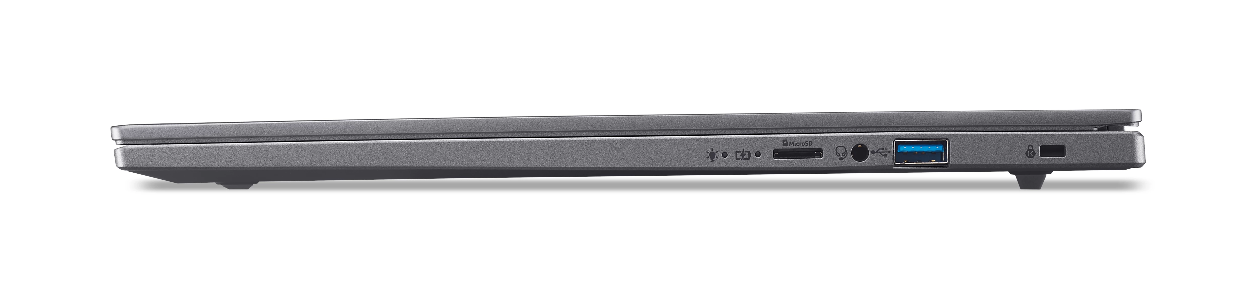 Grauer Laptop mit USB-, SD-Karten- und Kopfhöreranschlüssen.