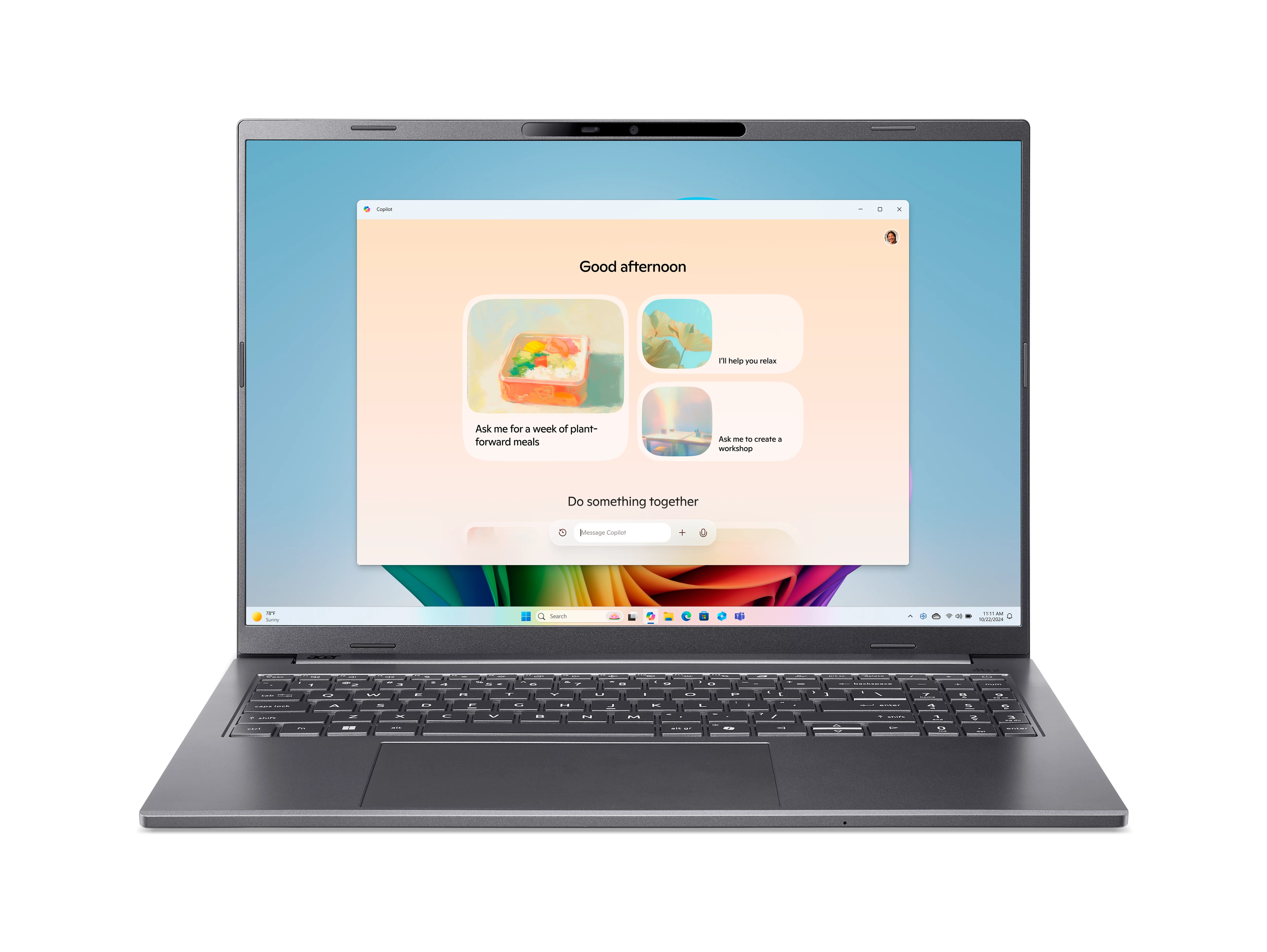 Ein Laptop zeigt den Copilot-Assistenten mit Essens- und Entspannungsoptionen.