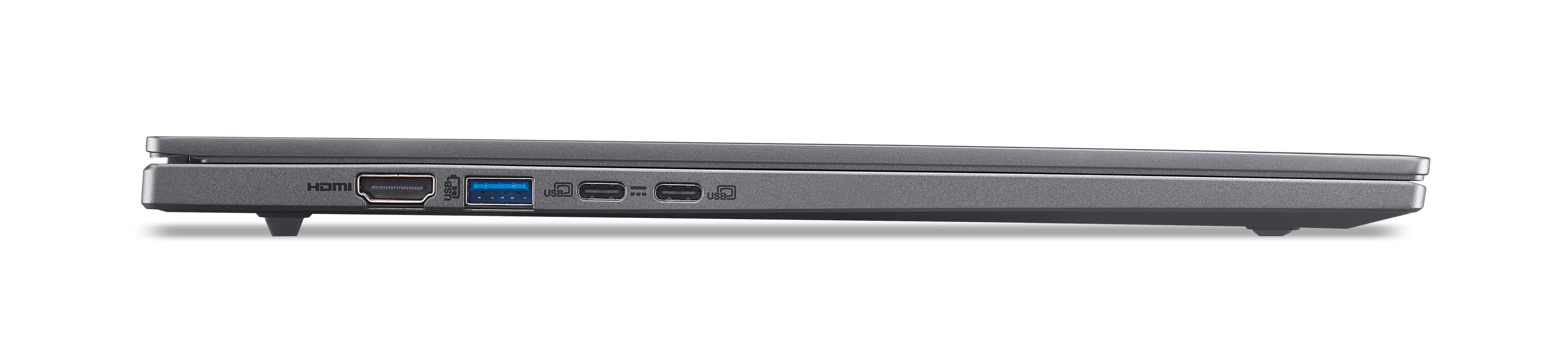 Seitenansicht eines grauen Laptops mit HDMI- und USB-Anschlüssen.