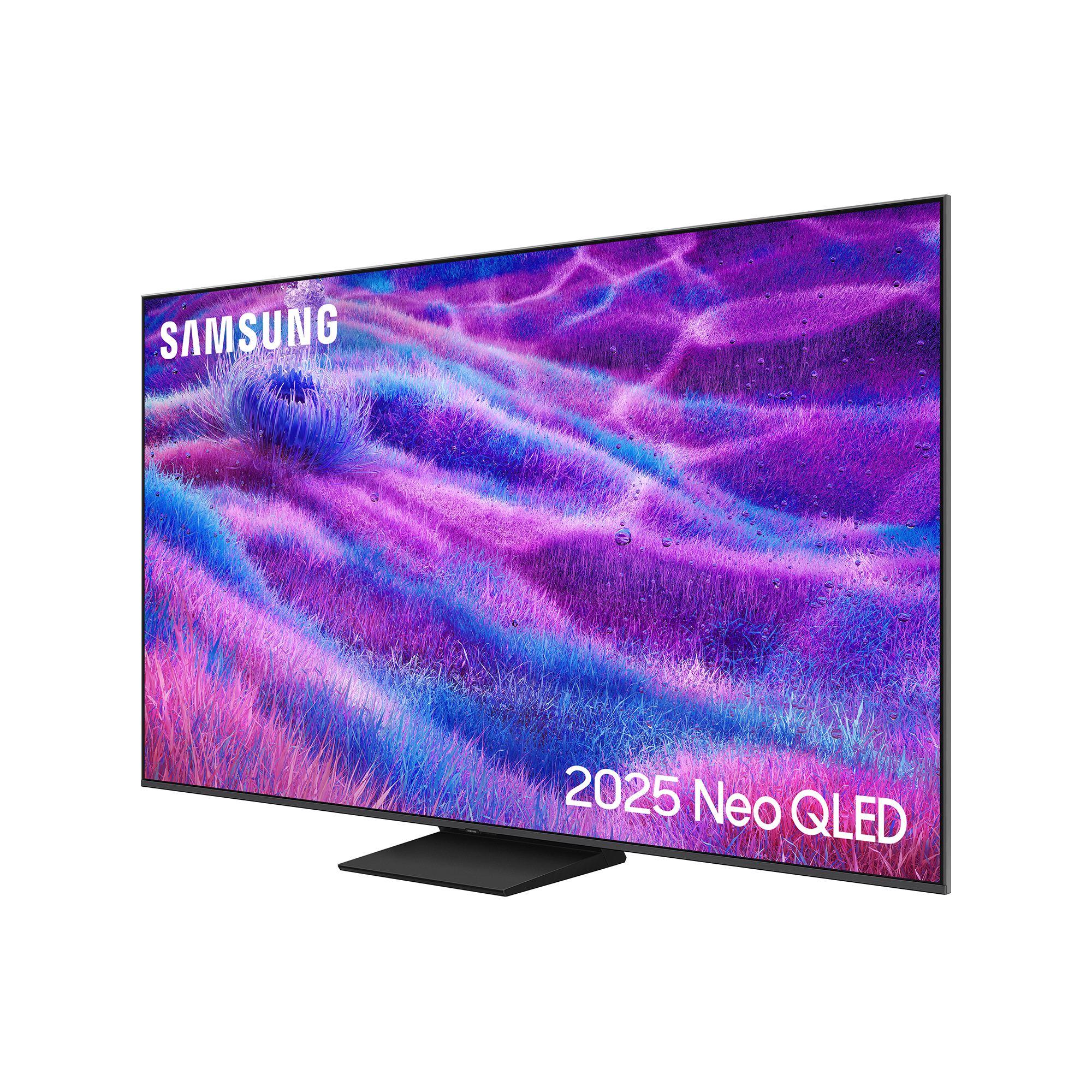 Telewizor Samsung Neo QLED wyświetla fioletową, trawiastą scenę z białym tekstem.