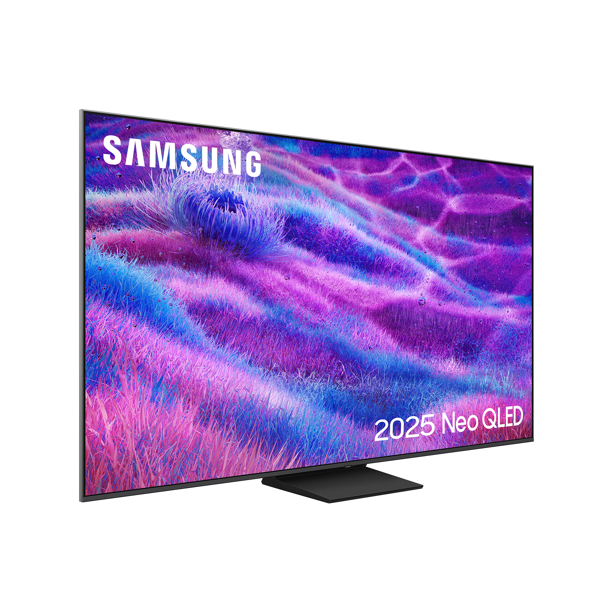Telewizor Samsung Neo QLED z kolorowym ekranem. Czarna podstawa.